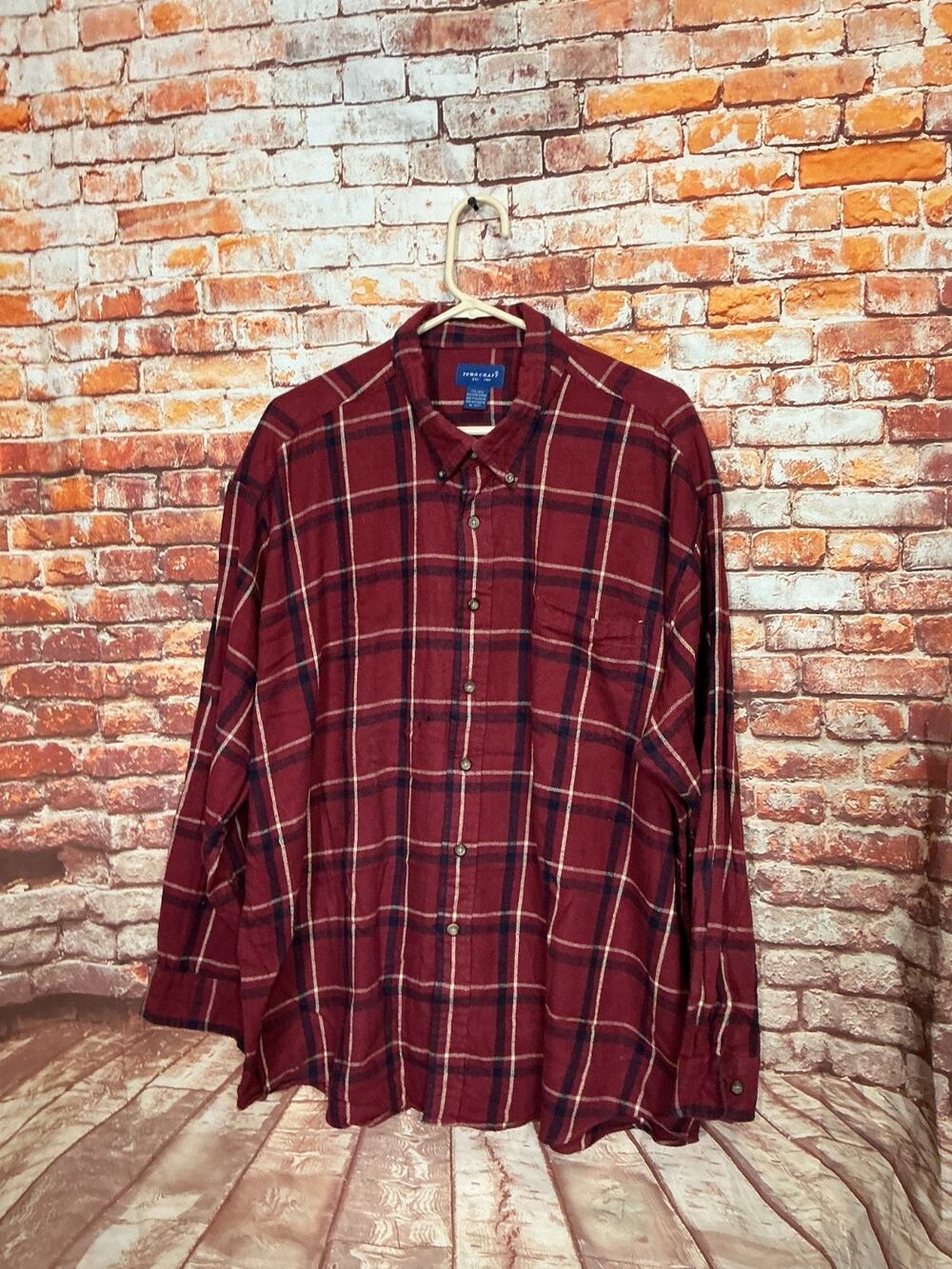 Towncraft Flannel Shirt Mens XXL Red Plaid 100% Cotton Button Up Small Hole